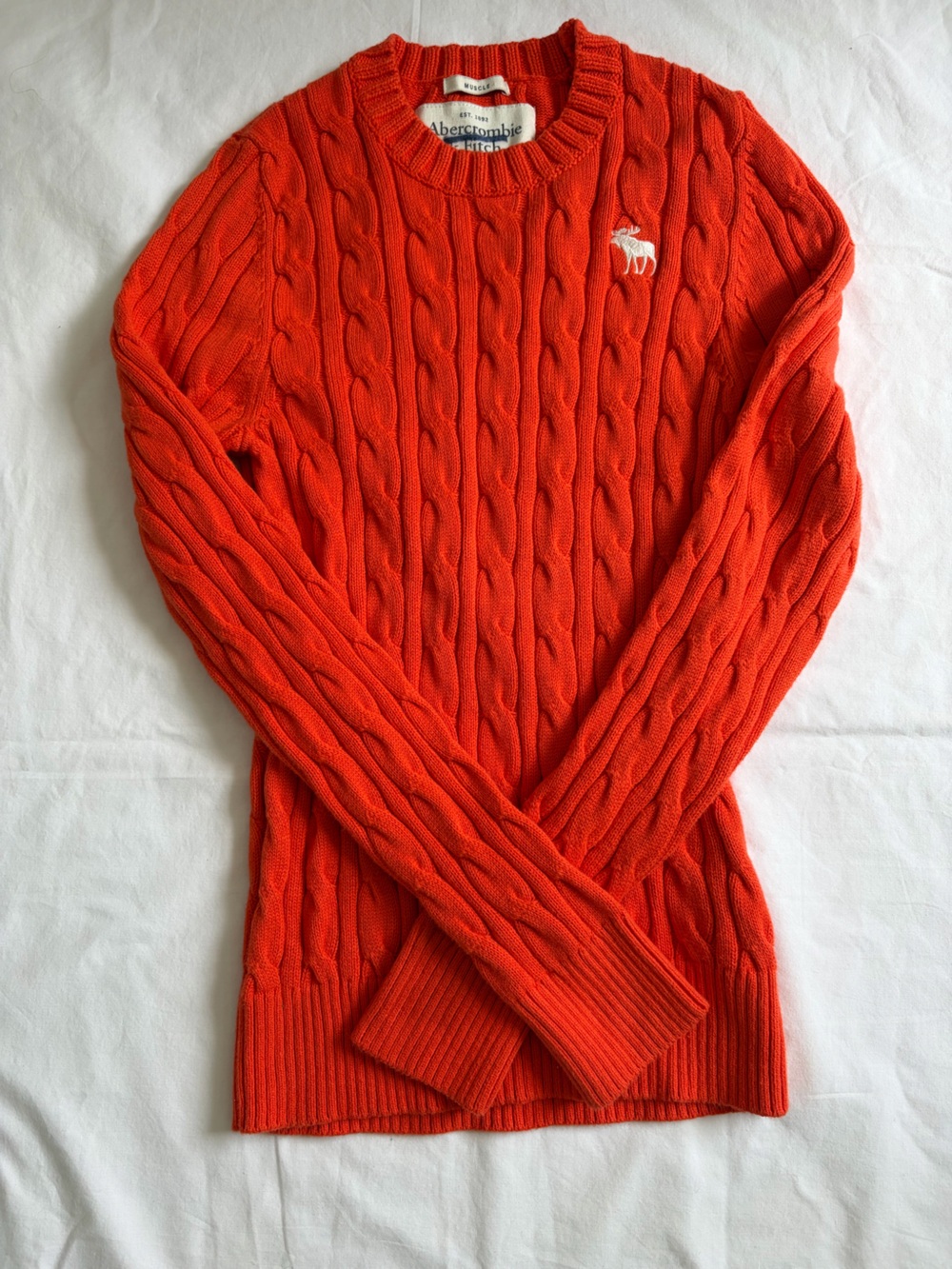 Abercrombie & Fitch Men's Muscle Fit Cable Knit Sweater Orange Medium - See Note